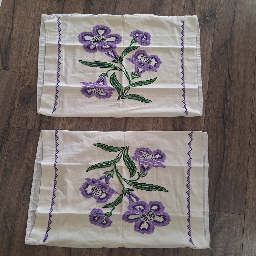 Vintage hand embroidered standard pillow case set of 2 purple flowers